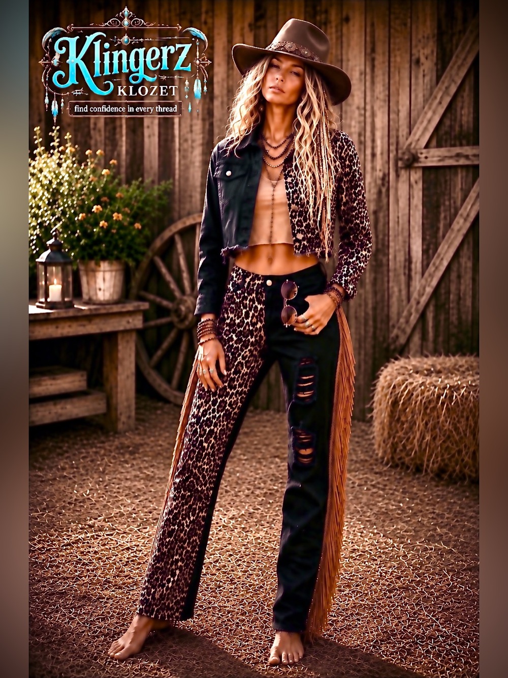 Leopard Print Fringe distressed jacket and pants set. Perfect for a concert NWT